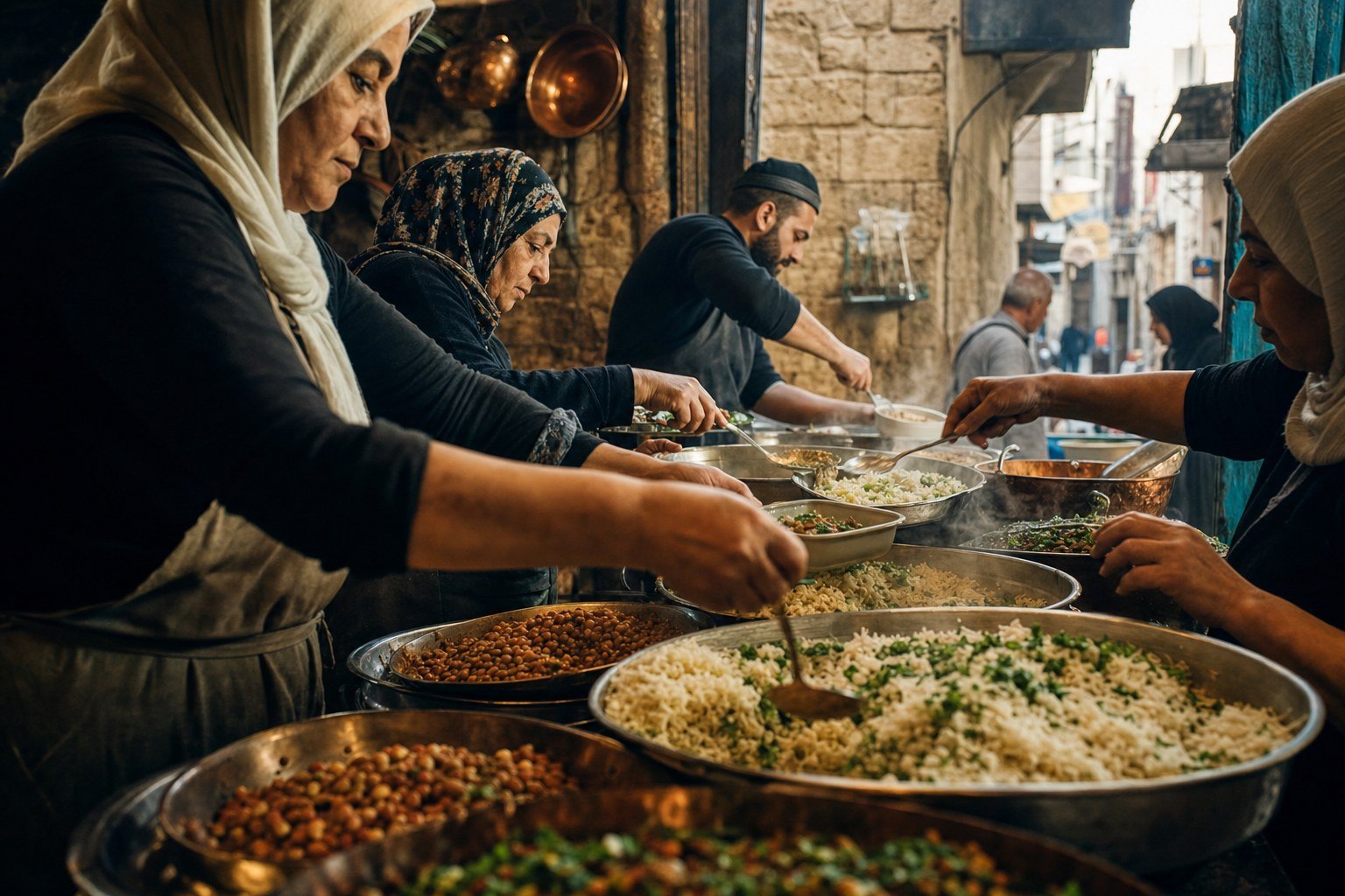 Editorial scene of a community team preparing hot meals in an old Saida kitchen