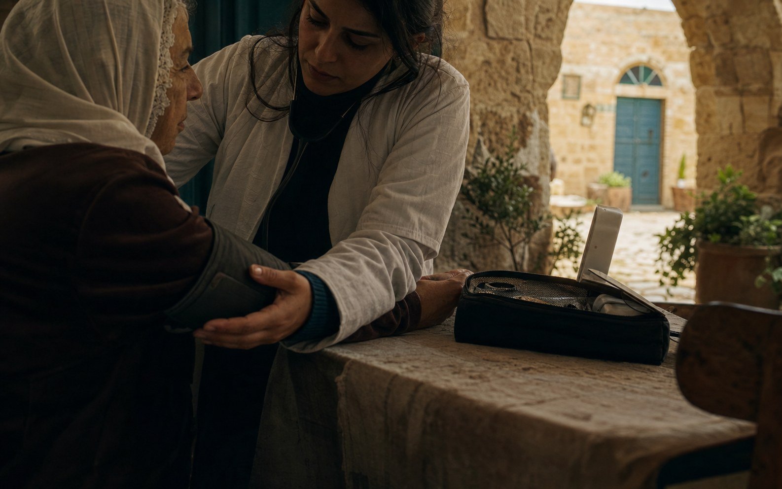 Editorial scene of a clinician checking an older resident’s blood pressure in an old Saida courtyard