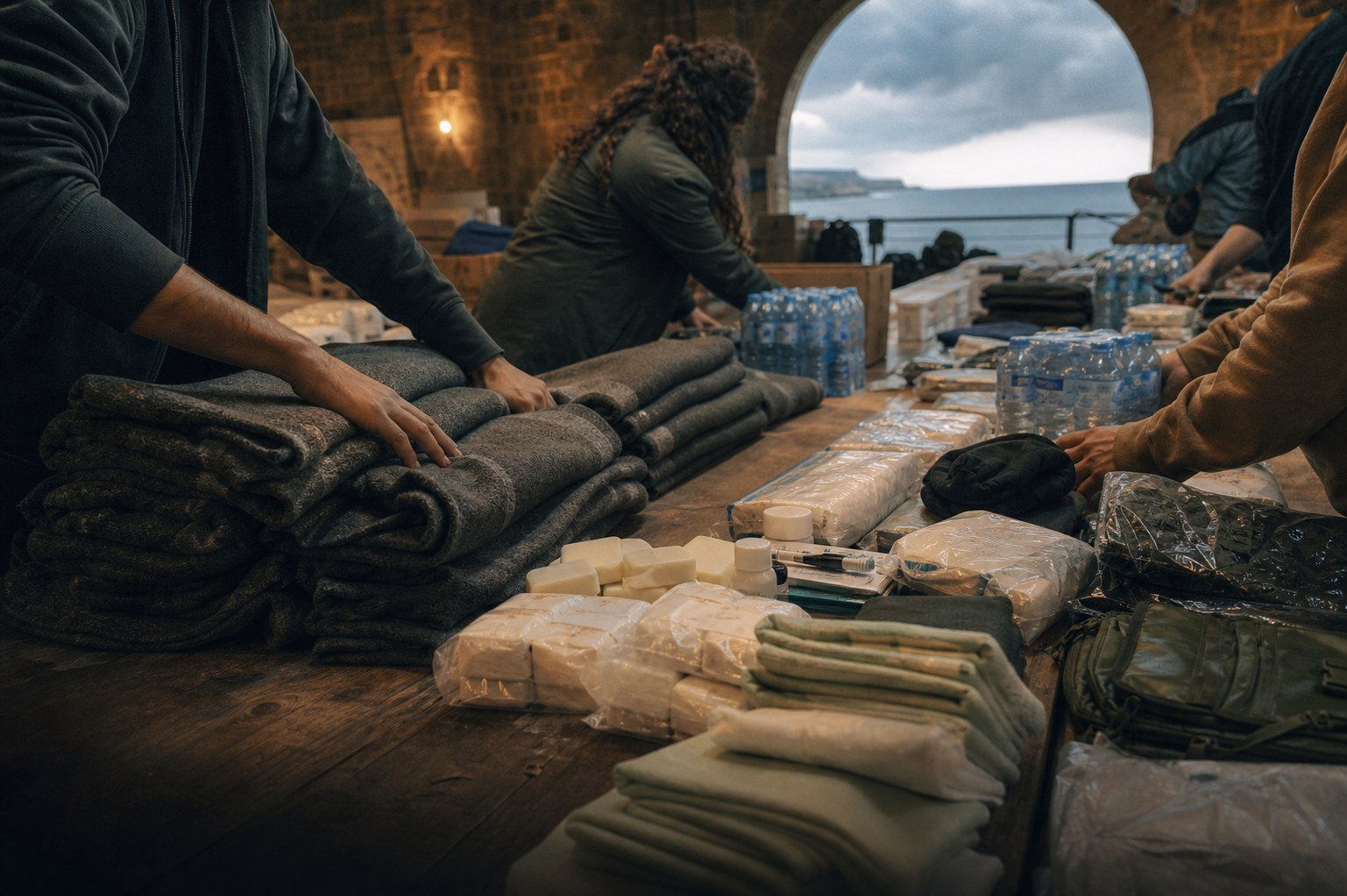 Editorial scene of volunteers organizing emergency supplies in a coastal stone hall