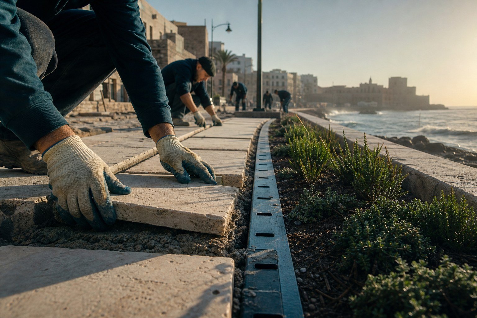 Editorial scene of workers renewing a limestone waterfront path in Saida