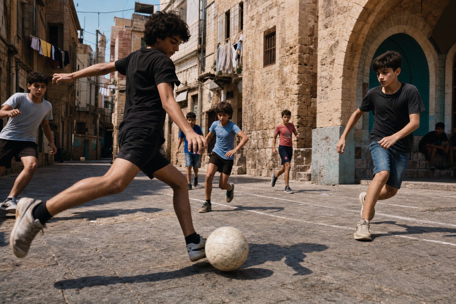 Editorial scene of young people playing street football in a limestone square in Saida